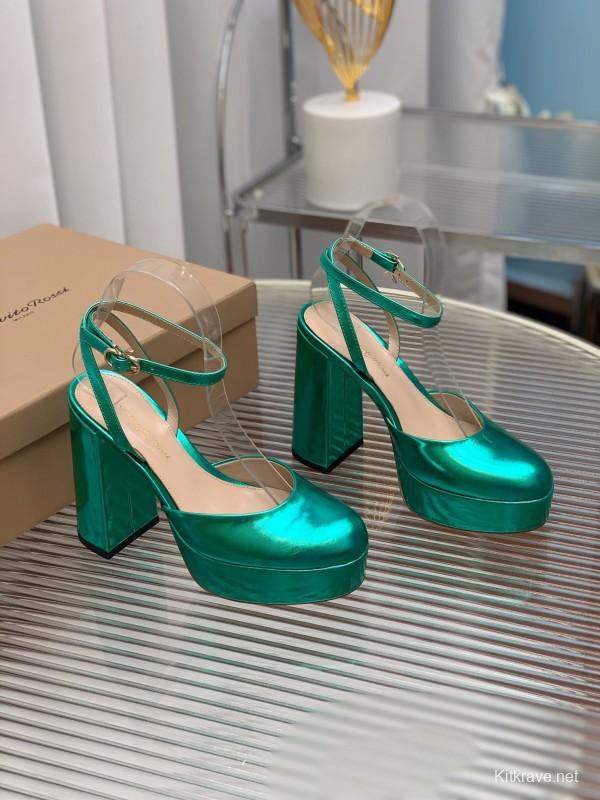 2025 Women Gianvito Rossi Metallic Green Leather Platform Sandals