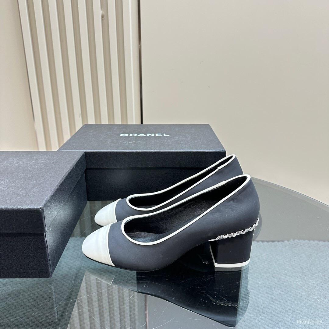2025 Women Chanel Black White Leather Mary Jane Chain Heel KFY00290