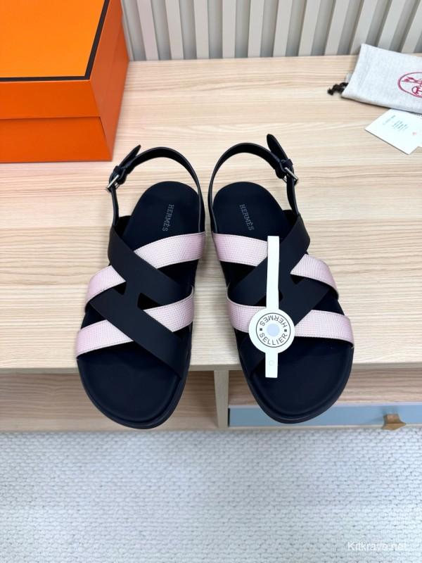 2025 Women Hermès Black Pink Leather Sandals LY00270