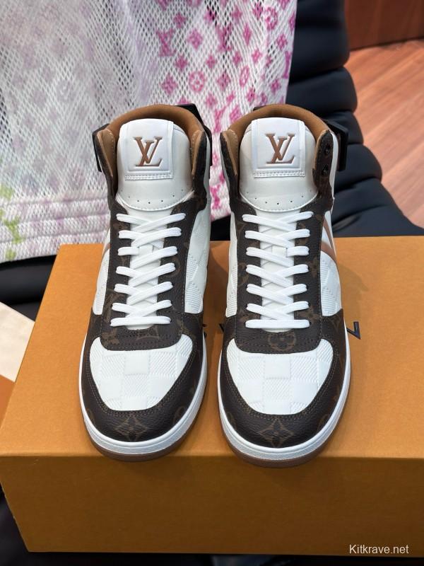 2024 Men Louis Vuitton White Brown Leather High Top Sneakers MJ00420