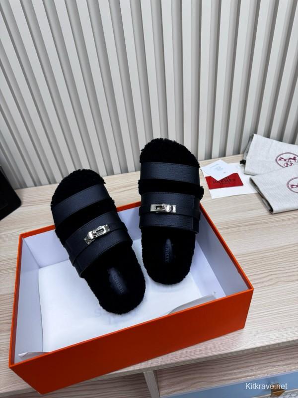 2024 Women Hermès Black Leather Shearling Slippers
