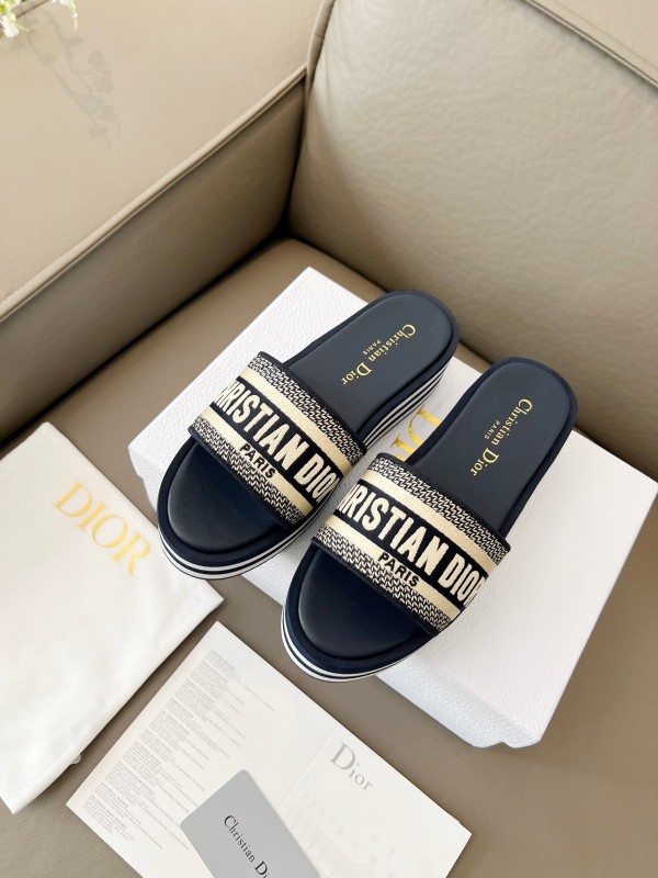 2025 Women Dior Navy White Canvas Platform Slippers LY