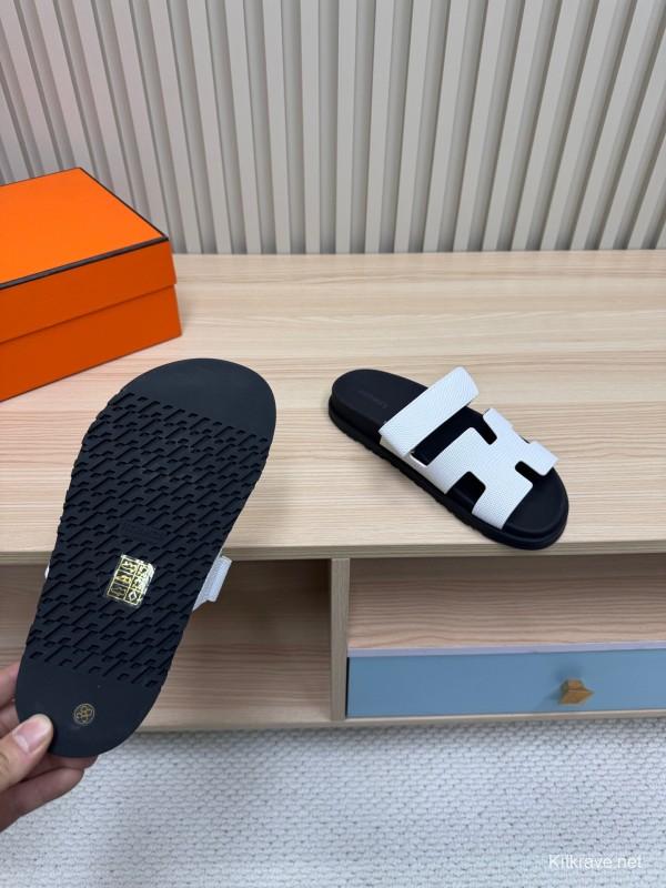2025 Women Hermès White Black Leather Slippers