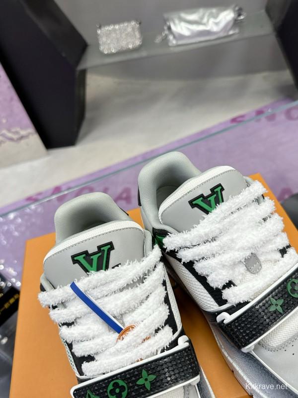 2024 Unisex Louis Vuitton Green White Leather Fabric Plimsolls Waxed Distressed Washed MJ00500