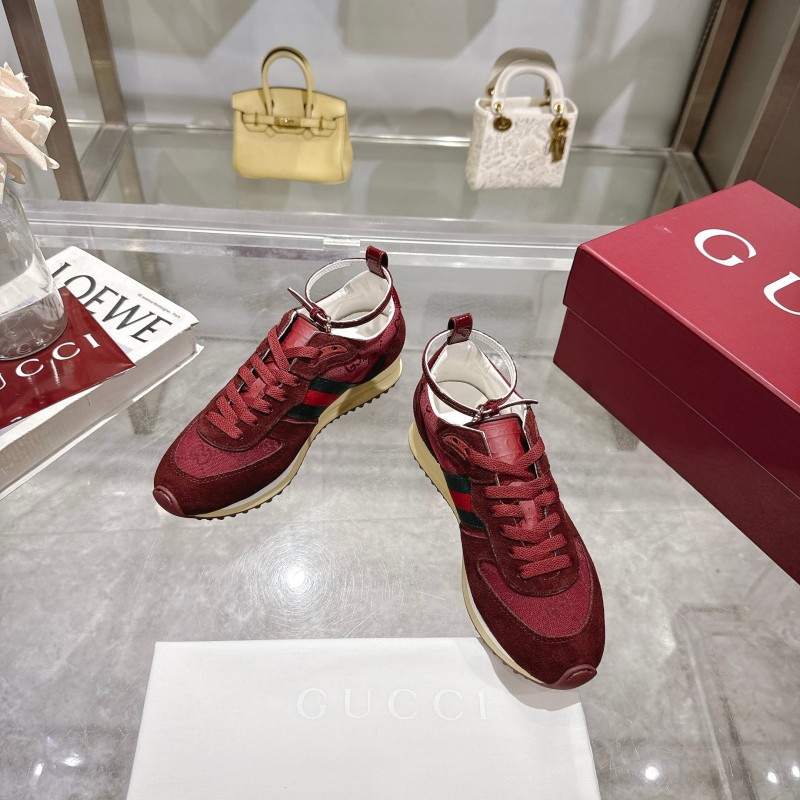 2025 Women Gucci Burgundy Red Suede Fabric Sneakers LY00340