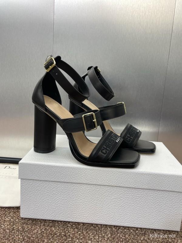 2025 Women Dior Black Leather High Heel Sandals KFY00310