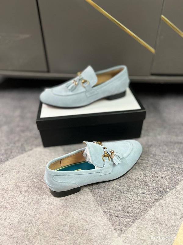 2024 Women Gucci Light Blue Suede Loafers MJ00280