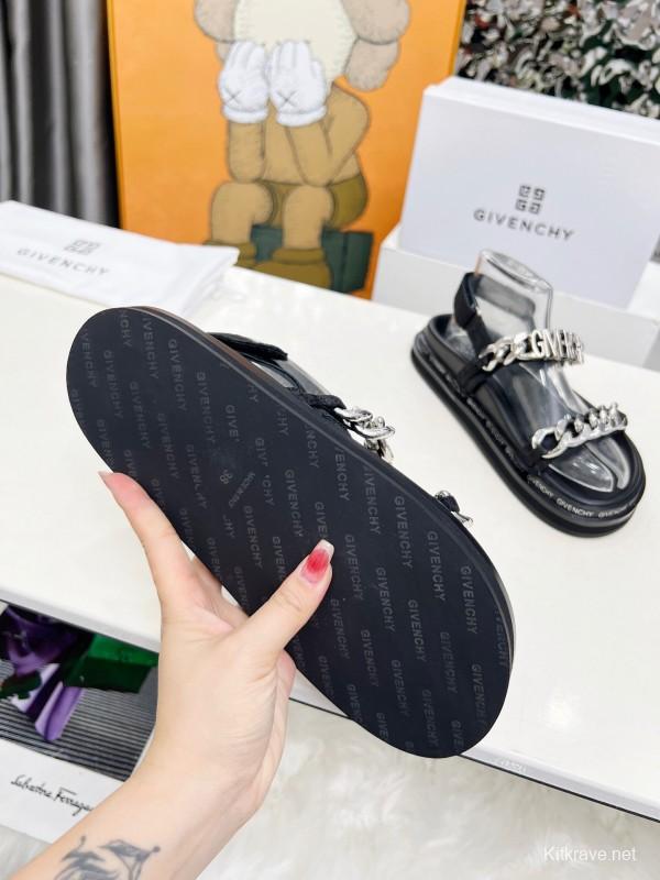 2025 Women Givenchy Black Leather Sandals Chain LY00260