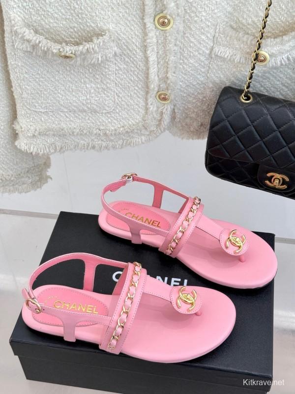 2025 Women Chanel Pink Lambskin Sandals CC Logo KFY00250