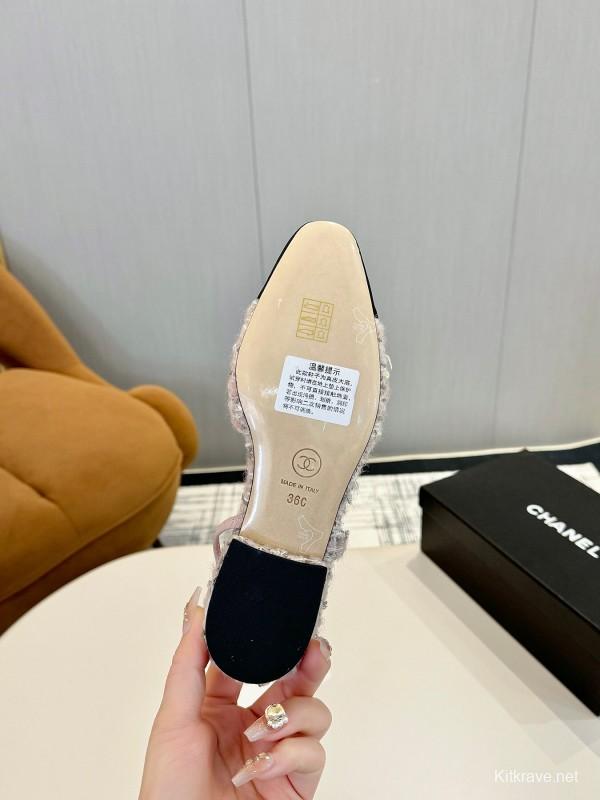 2025 Women Chanel Pink Black Mixed Leather Tweed Slingback Flats