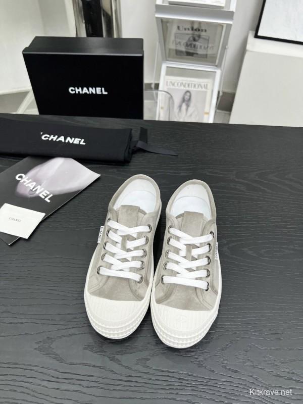 2025 Women Chanel Grey Canvas Leather Casual Sneakers LY00230