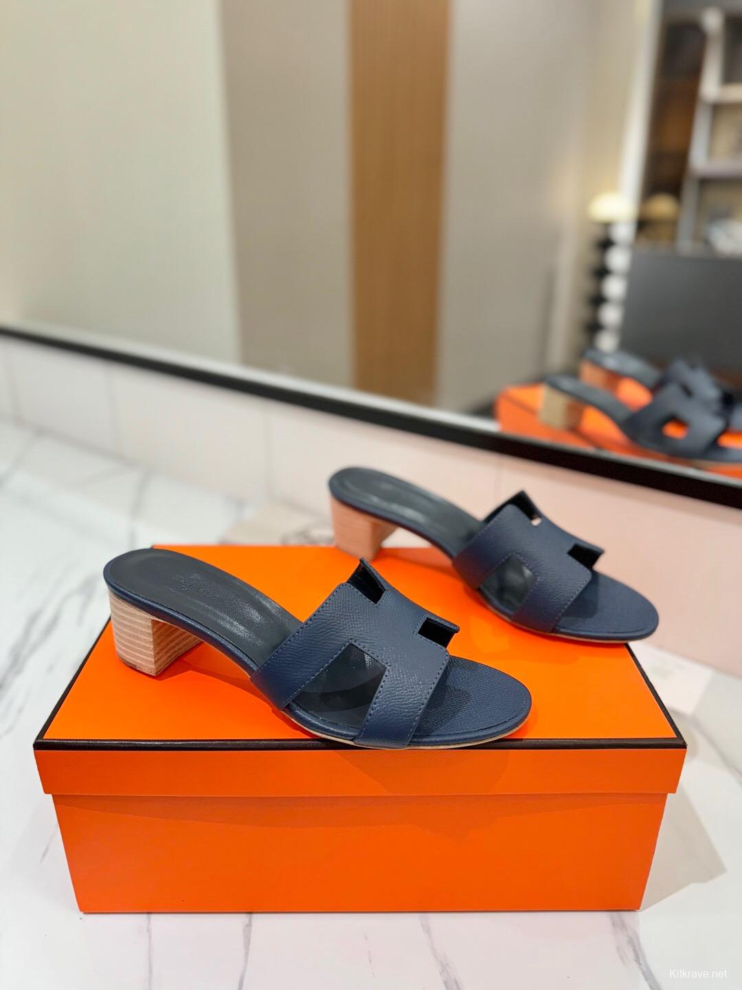 2025 Women Hermès Navy Leather Heeled Sandals