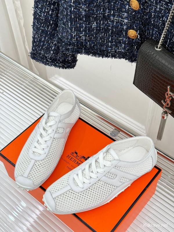 2025 Women Hermès White Mesh Leather Sneakers