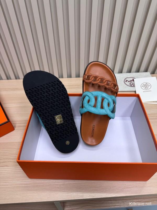 2025 Slippers Hermès Blue Brown Leather Slippers