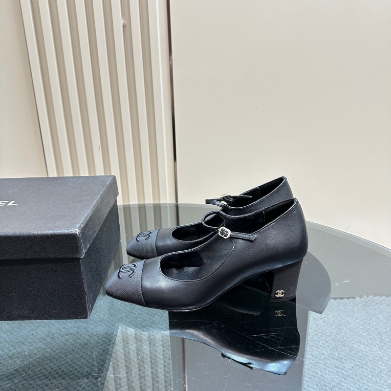 2025 Women Chanel Black Leather Mary Jane Shoes KFY00290