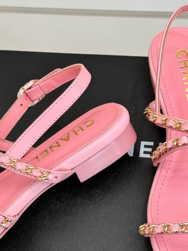 2025 Women Chanel Pink Leather Chain Strap Sandals