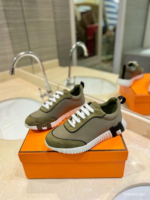 2024 Unisex Hermès Khaki Suede Waterproof Fabric Casual Sneakers MJ00320