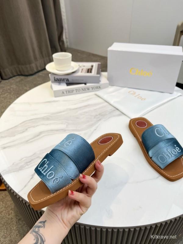 2025 Women Chloé Blue Denim Leather Slippers LY00200