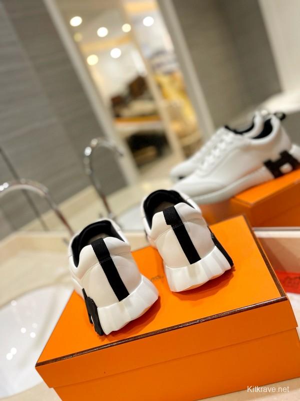 2024 Unisex Hermès White Black Silk Lambskin Rain Cloth Casual Sneakers MJ00320