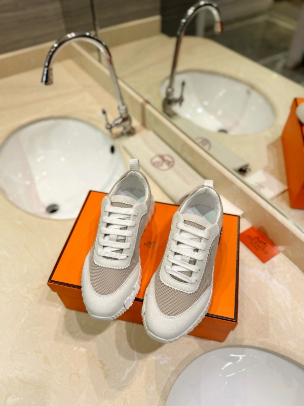 2024 Women Hermès White Beige Mesh Leather Sneakers MJ00320