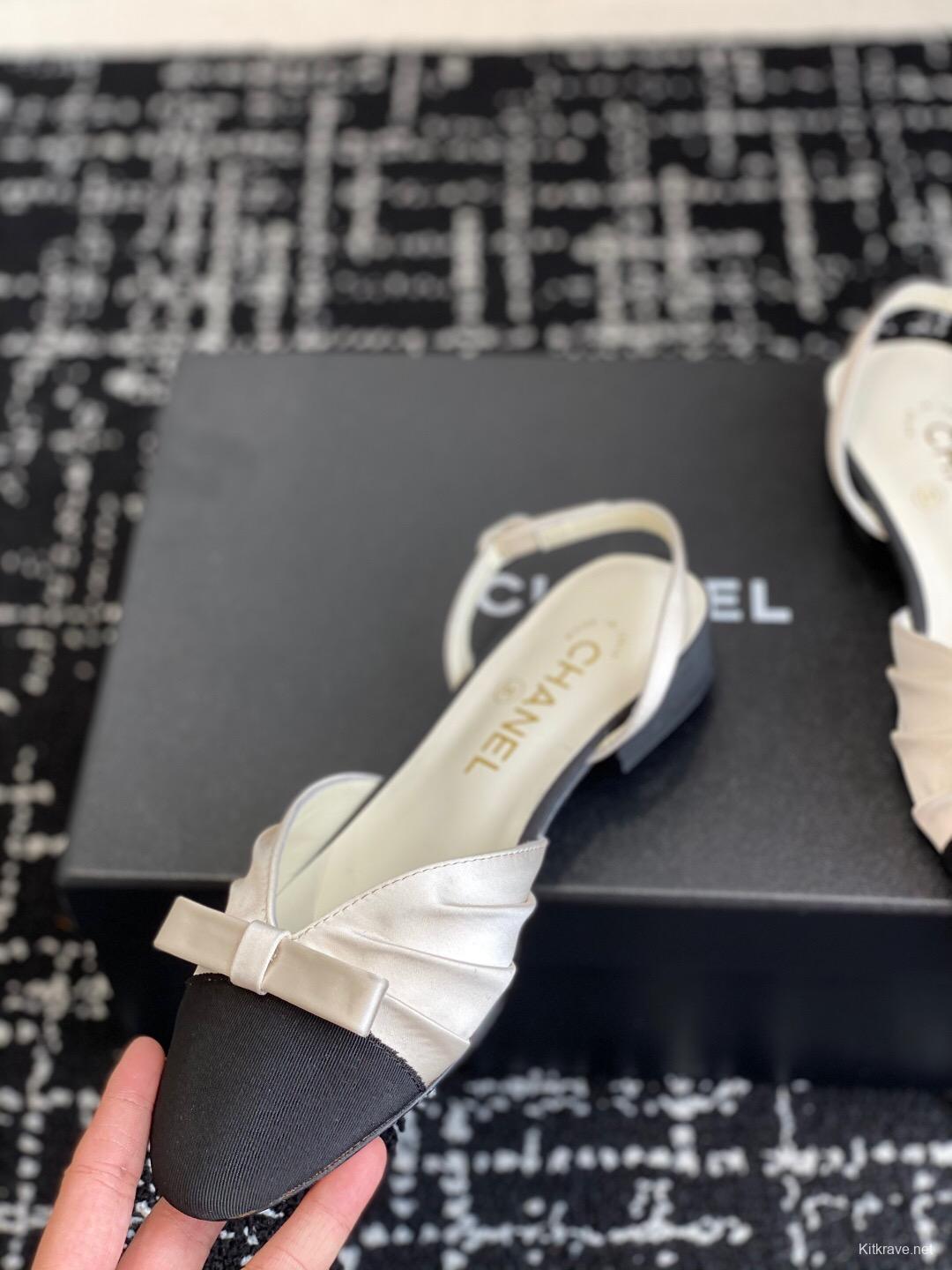 2025 Women Chanel Black Beige Silk Leather Sandals Bow KFY00289