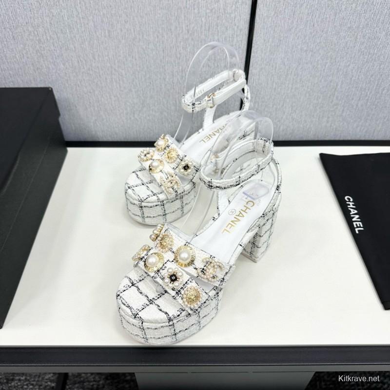 2025 Women Chanel White Black Tweed Platform Sandals