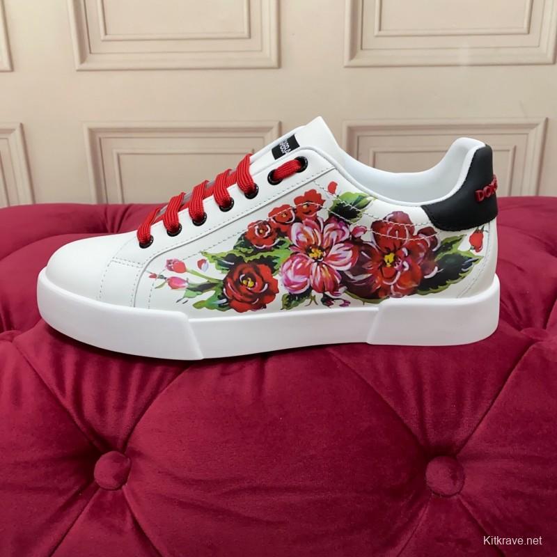 2025 Women Dolce & Gabbana White Red Leather Sneakers Floral LY00300