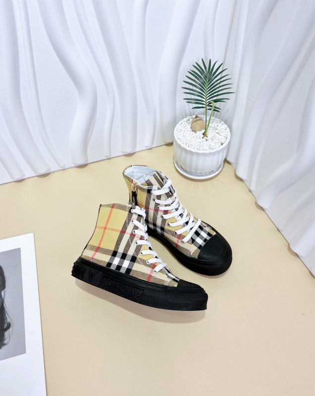 2024 Kids Burberry Beige Black White Canvas Leather High-top Sneakers