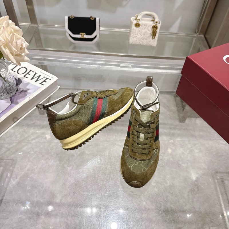 2025 Women Gucci Khaki Green Red Suede Mesh Sneakers LY00340