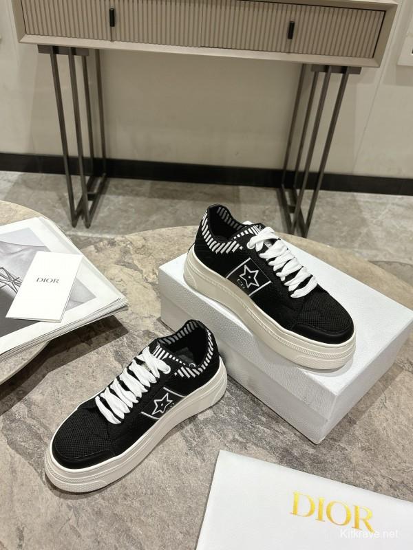 2025 Women Dior Black White Knit Leather Platform Sneakers KFY00330