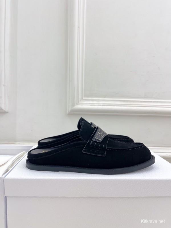 2025 Women Dior Black Leather Slip-On Loafers Crafted With Original Rubber Sole KFY00300(F)