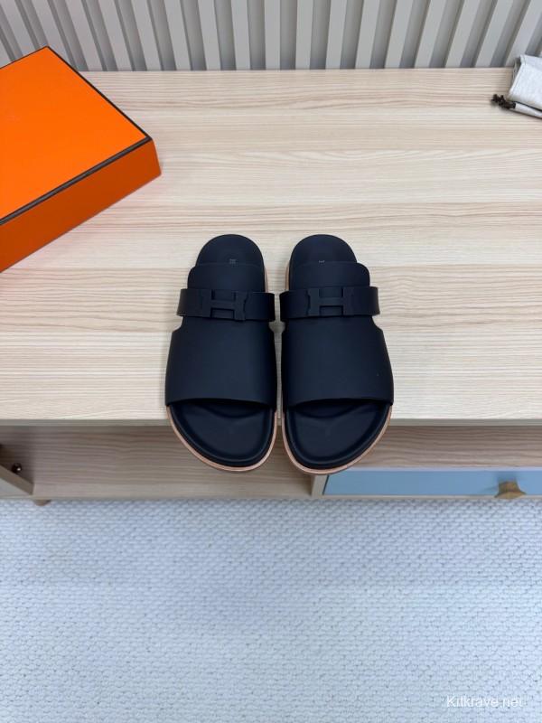 2025 Hermès Black Leather Slippers