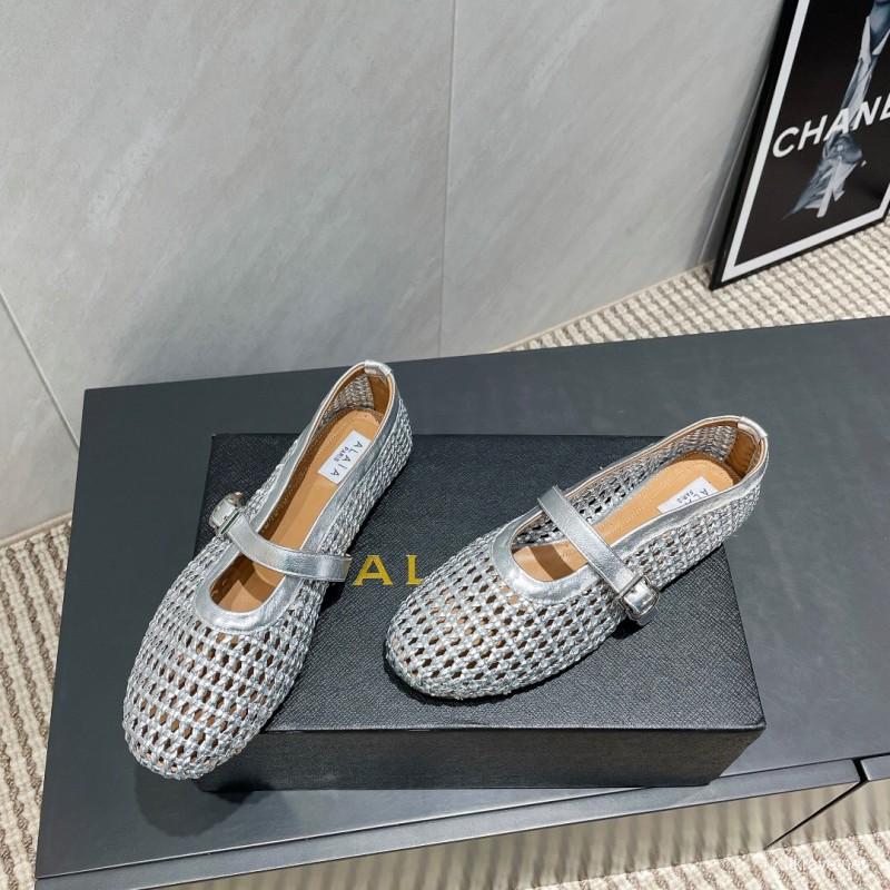 2025 Women Alaïa Silver Leather Woven Mary Jane Flats LY00360(F)