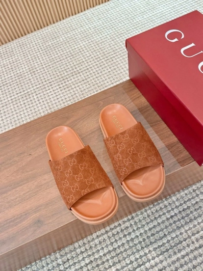 2025 Women Gucci Brown Suede Leather Slippers