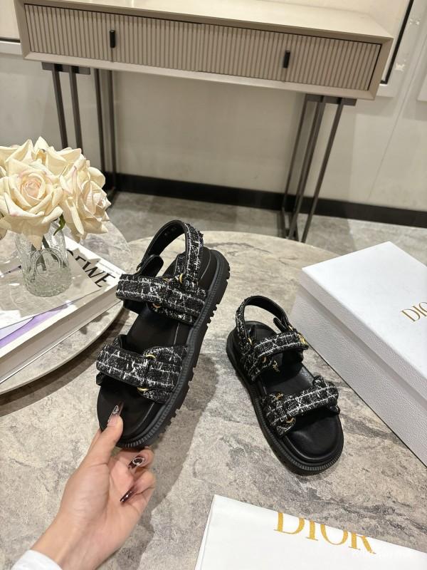 2025 Women Dior Black Fabric Leather Sandals KFY00300