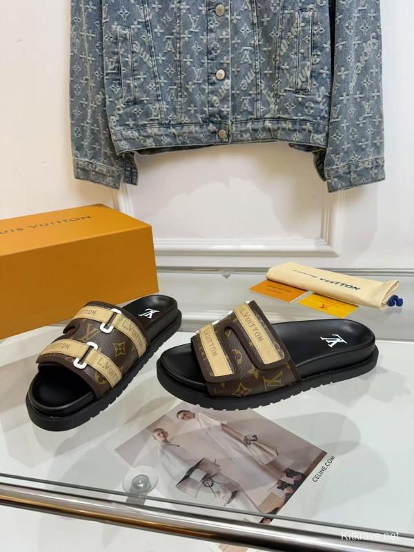 2025 Slippers Louis Vuitton Brown Canvas Leather Slippers LY