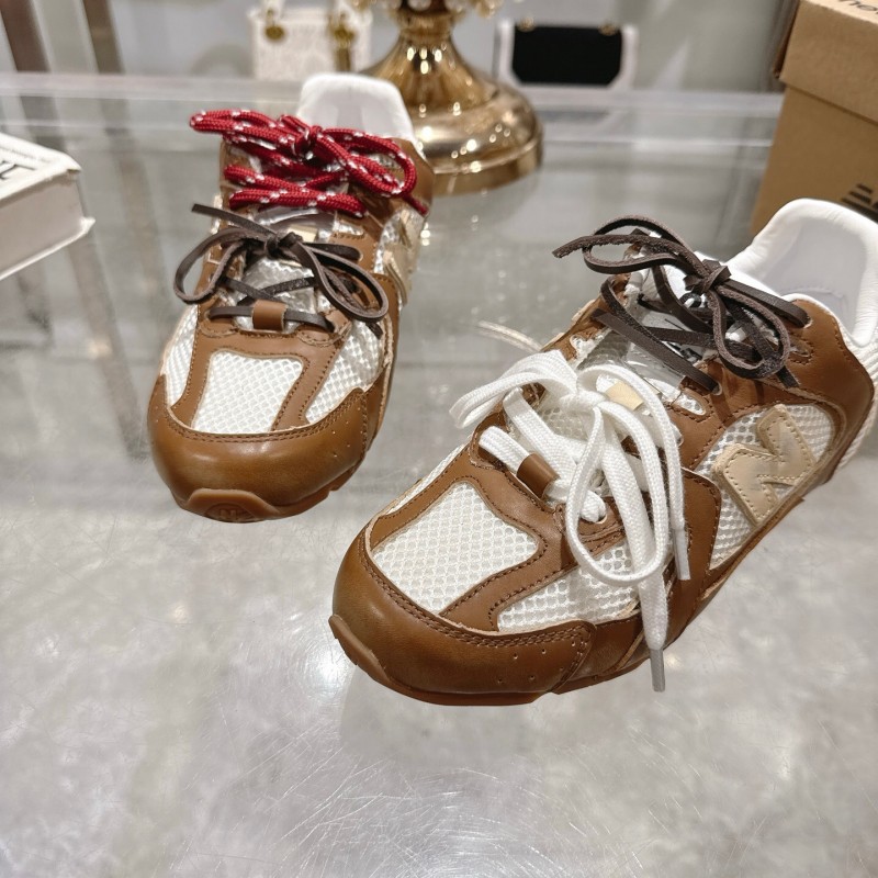 2025 Women Miumiu Brown White Leather Mesh Sneakers