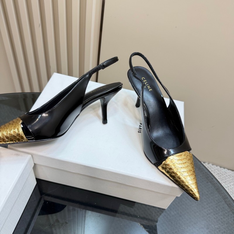 2025 Women CELINE Black Gold Leather Slingback Heels