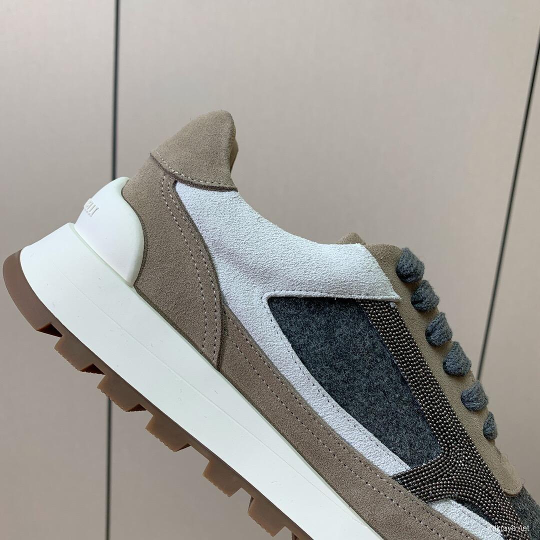 2025 Unisex Brunello Cucinelli Beige Gray White Leather Wool Casual Sneakers LY