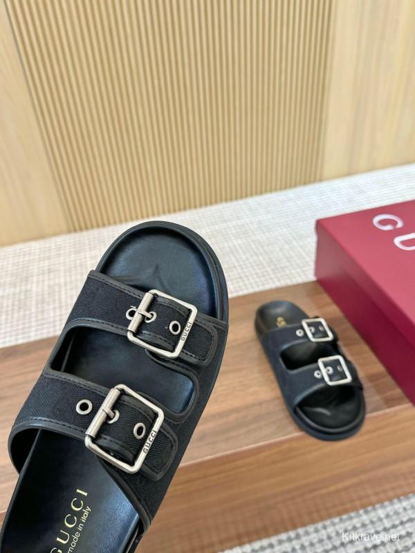 2025 Women Gucci Black Leather Slippers LY00240