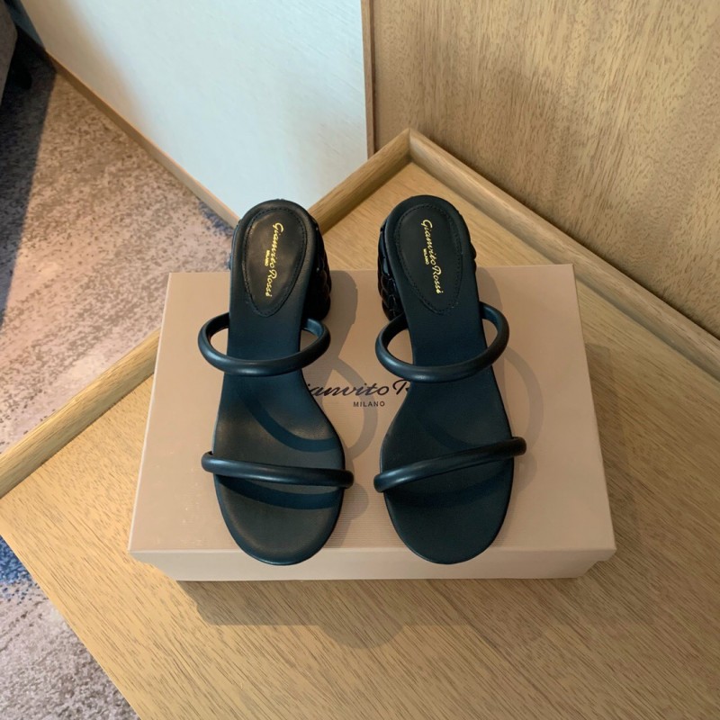 2025 Women Gianvito Rossi Black Leather Heeled Sandals