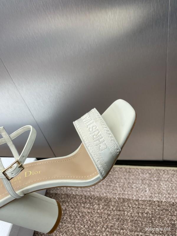 2025 Women Dior White Leather High Heel Embroidered Sandals