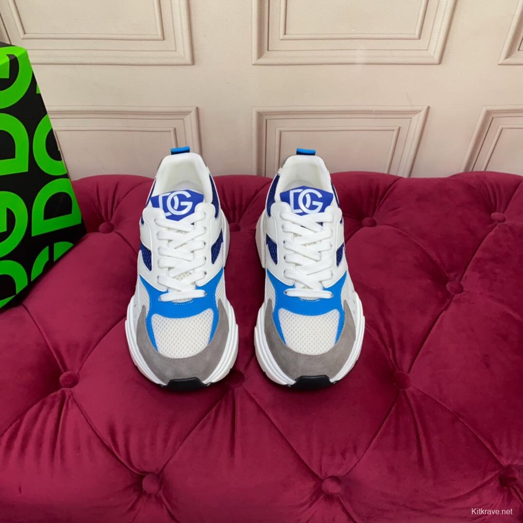 2025 Unisex Dolce & Gabbana White Blue Grey Mesh Leather Sneakers LY00330(F)/LY00340(M)