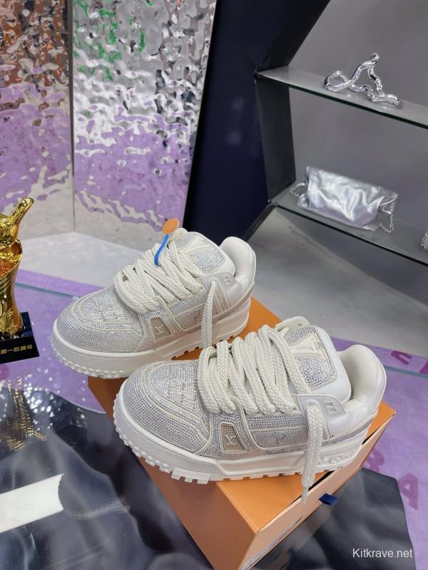 2024 Unisex Louis Vuitton White Silver Leather Trainers Crystal Embellished MJ00430