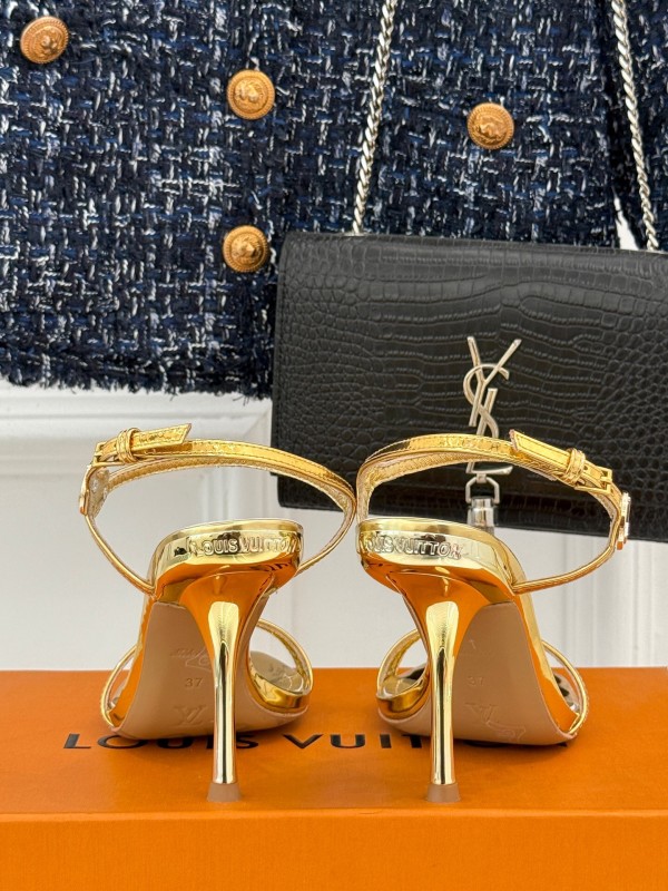 2025 Women Louis Vuitton Gold Leather Sandals