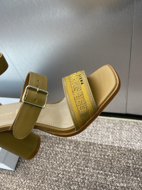 2025 Women Dior Yellow Leather Embroidered High Heel Sandals