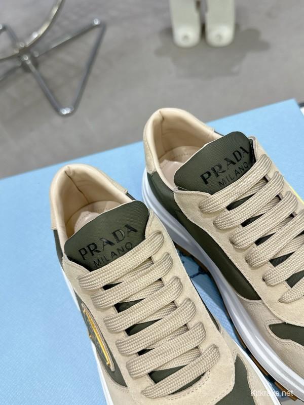 2025 Women Prada Beige Green Nubuck Leather Sneakers KFY00310