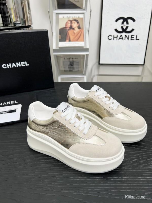 2025 Women Chanel Beige Gold Leather Suede Sneakers LY00290