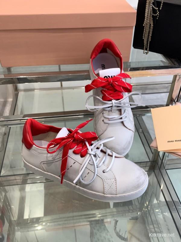 2025 Women Miu Miu White Red Leather Sneakers LY00290