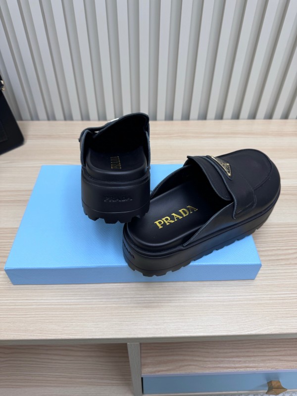 2025 Women Prada Black Leather Platform Loafers